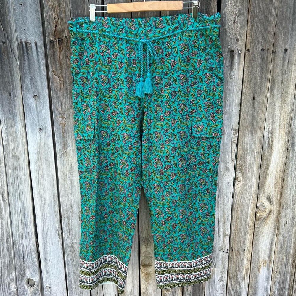 Sundance Vibrant Reef Pants Floral Print Cotton Teal Green L